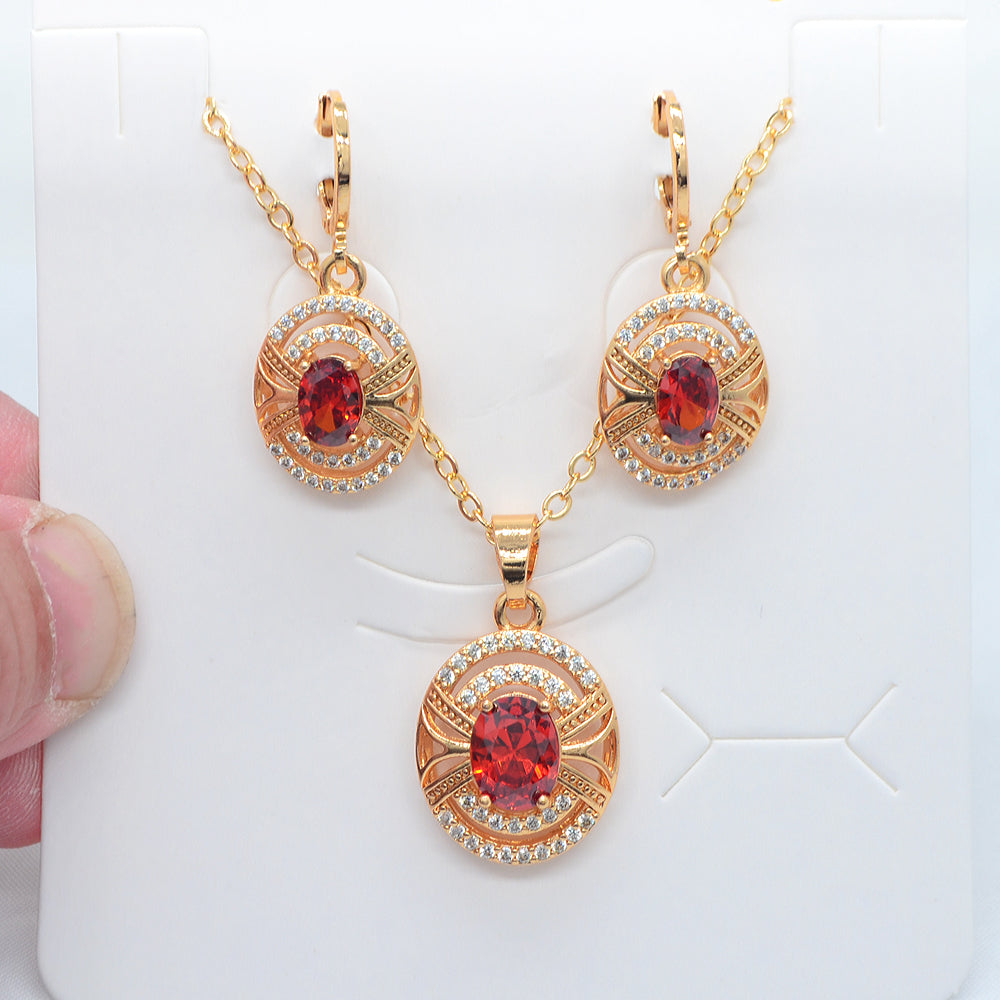 Wholesale Gold Plated Women Red Zircon CZ Oval Design Wedding Jewelry Set