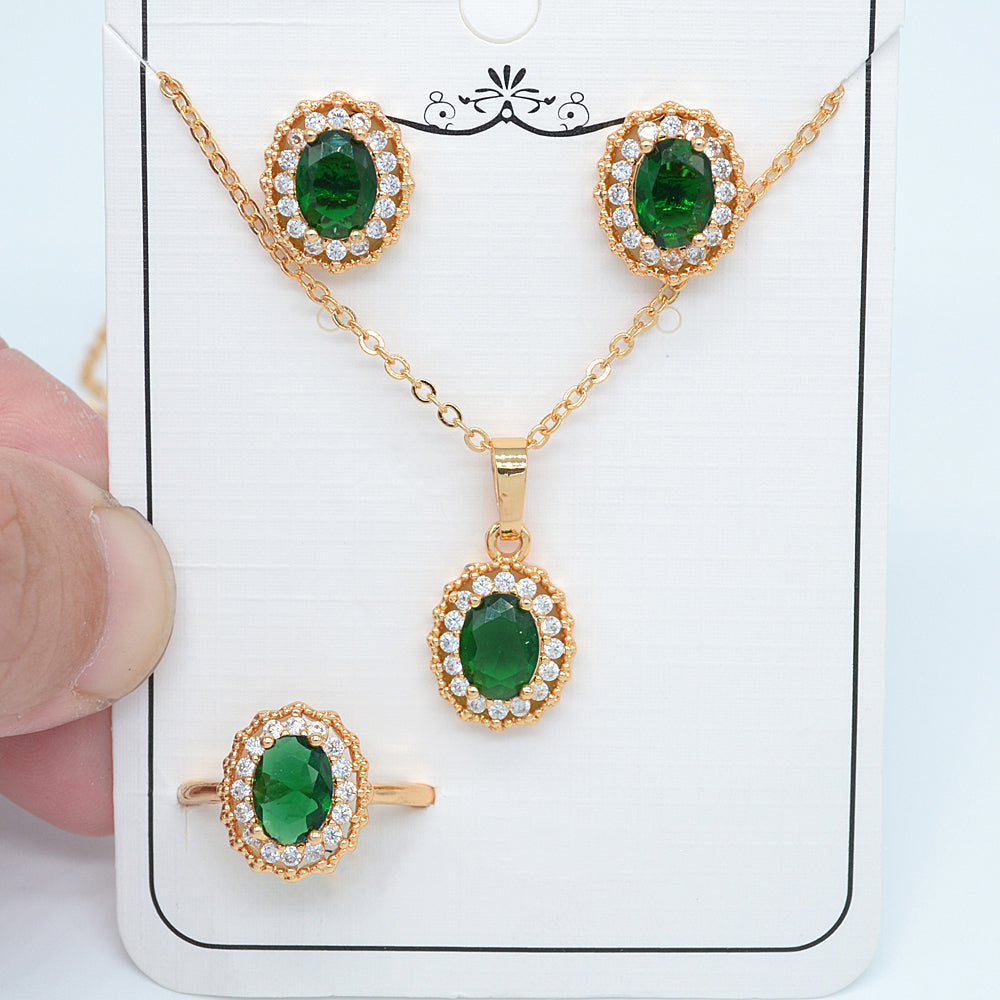 Wholesale Gold Plated Women Green Zircon CZ Halo Oval Wedding Jewelry Set Free Ring Size