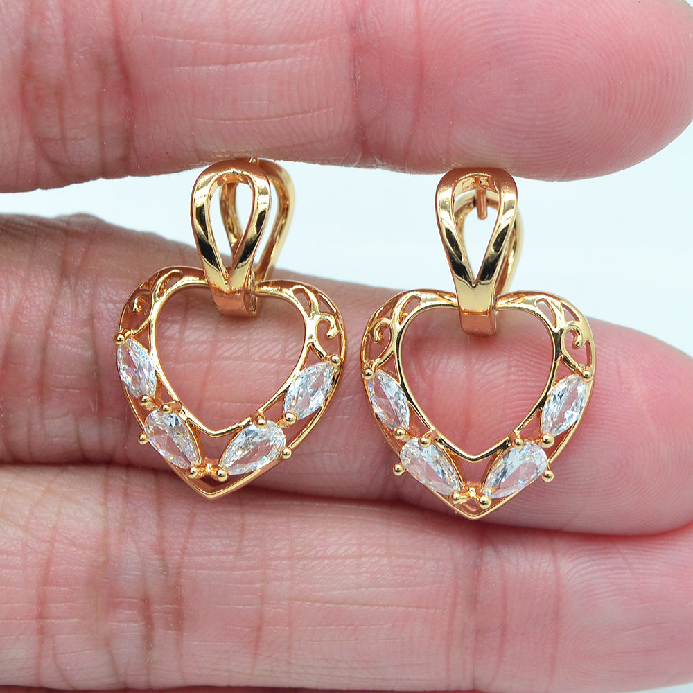 Wholesale Gold Plated Women Clear Zircon CZ Hollow Heart Huggie Earrings Jewelry