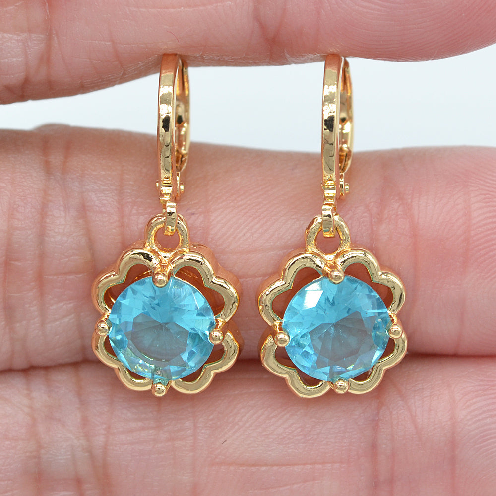 Wholesale Gold Plated Women Jade Green Zircon CZ Flower Dangle Earrings Jewelry