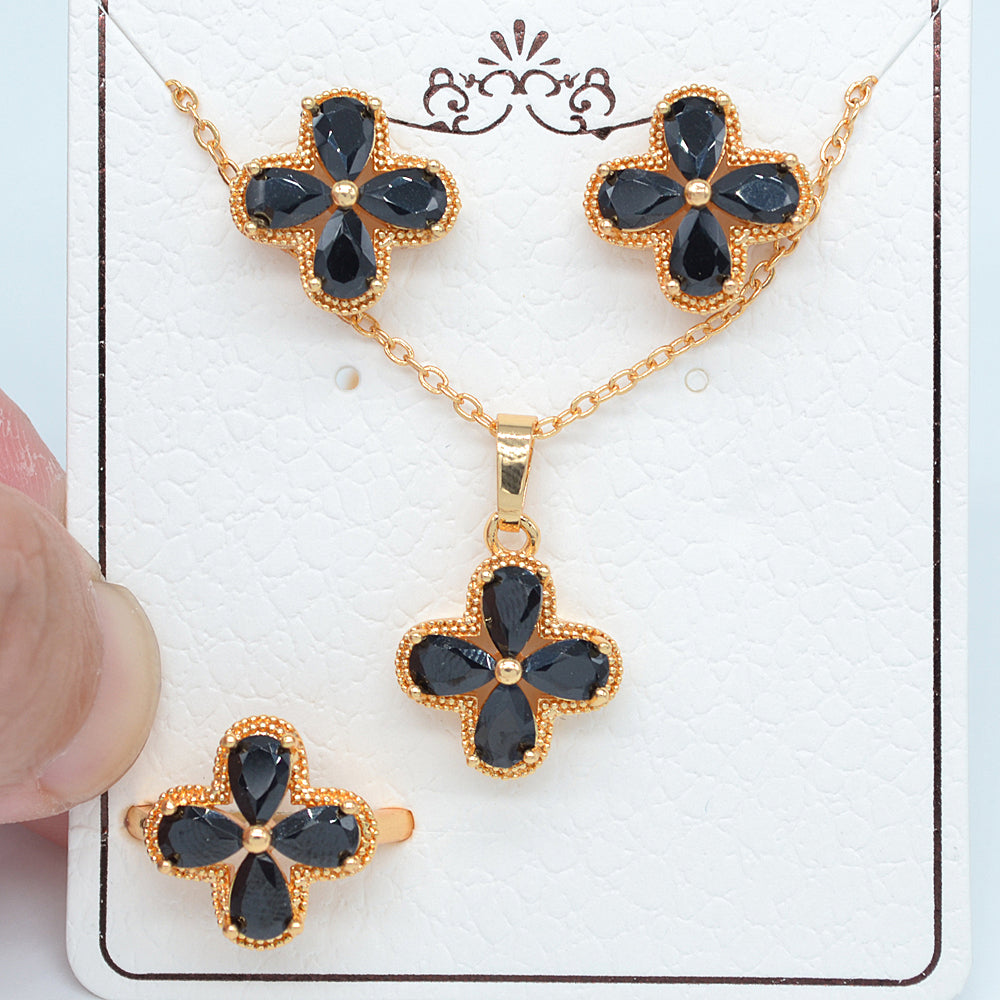 Wholesale Gold Plated Women Blue Zircon CZ Flower Jewelry Set Free Ring Size