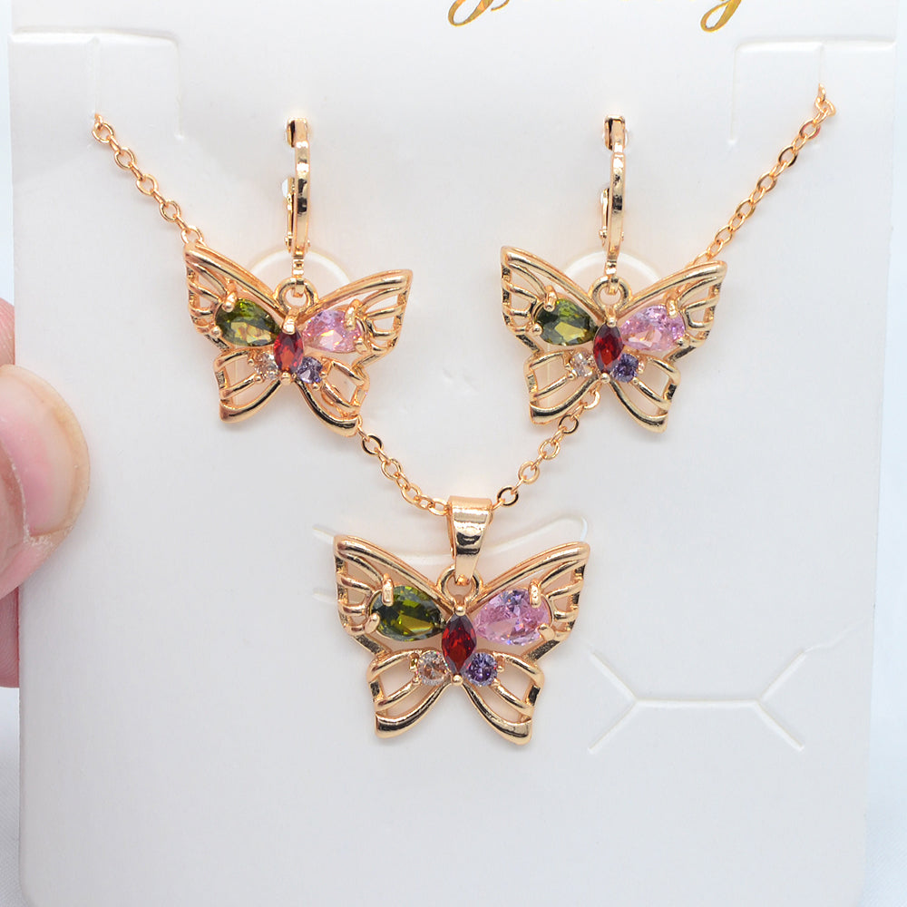 Wholesale Gold Plated Women Fashion Multicolor Zircon CZ Butterfly Jewelry Set