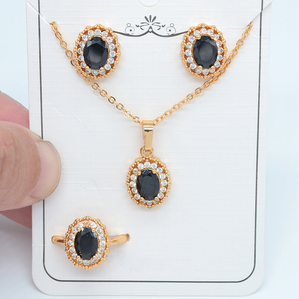 Wholesale Gold Plated Women Green Zircon CZ Halo Oval Wedding Jewelry Set Free Ring Size