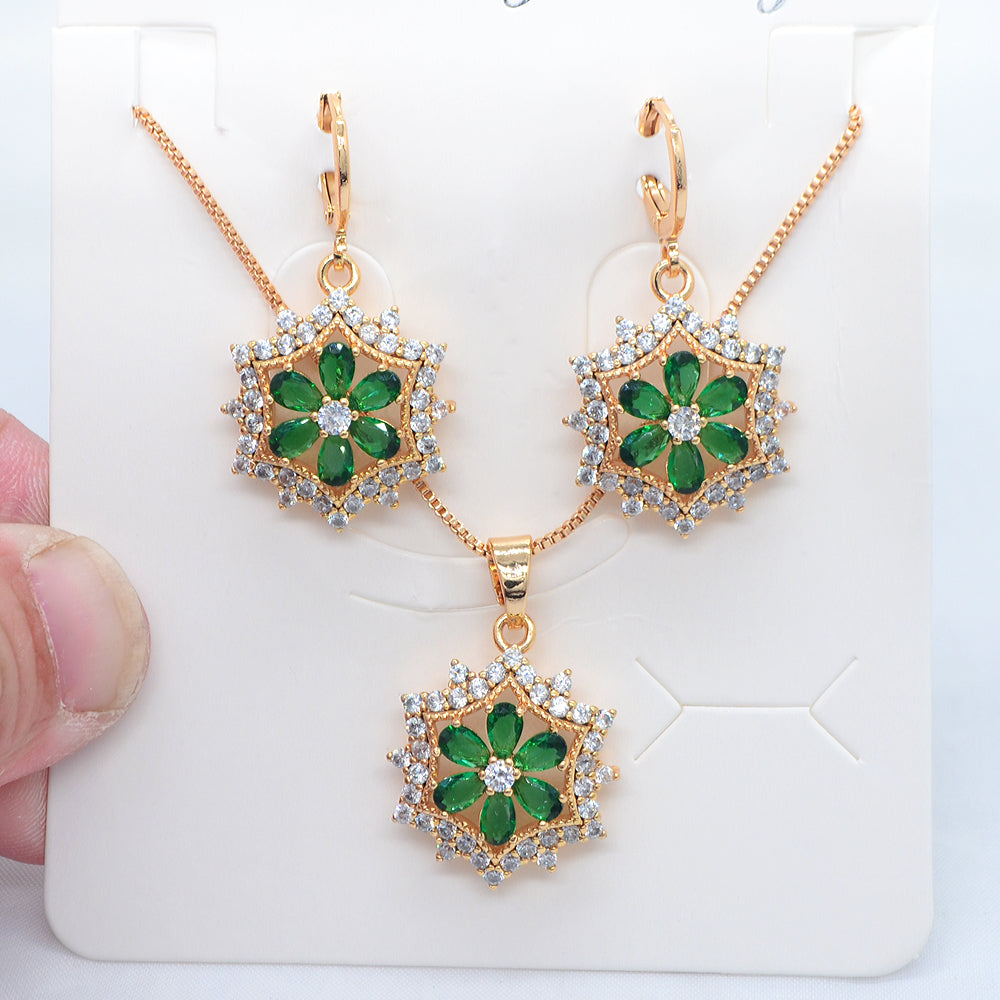 Wholesale Gold Plated Women Fashion Green CZ Zircon Flower Jewelry Set
