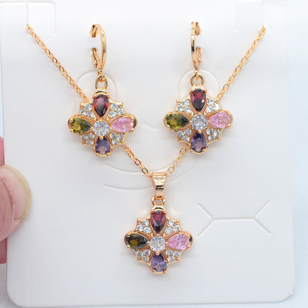Wholesale Gold Plated Women Multicolor Zircon CZ Flower Party Jewelry Set