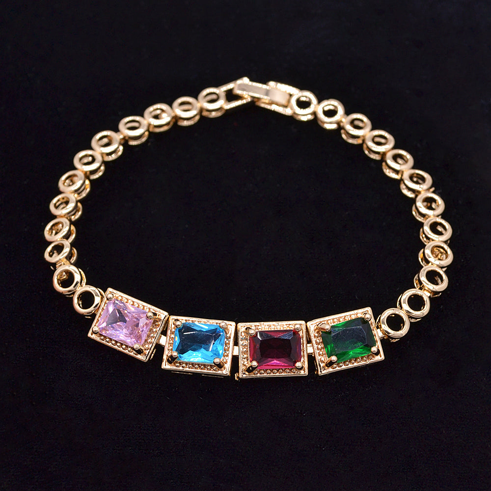 Wholesale Gold Plated Women Multicolor Zircon CZ Baguette Charm Bracelet Jewelry