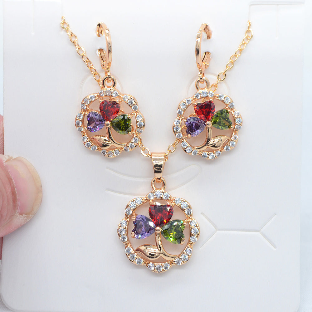 Wholesale Gold Plated Women Red Zircon CZ Flower Anniversary Jewelry Set