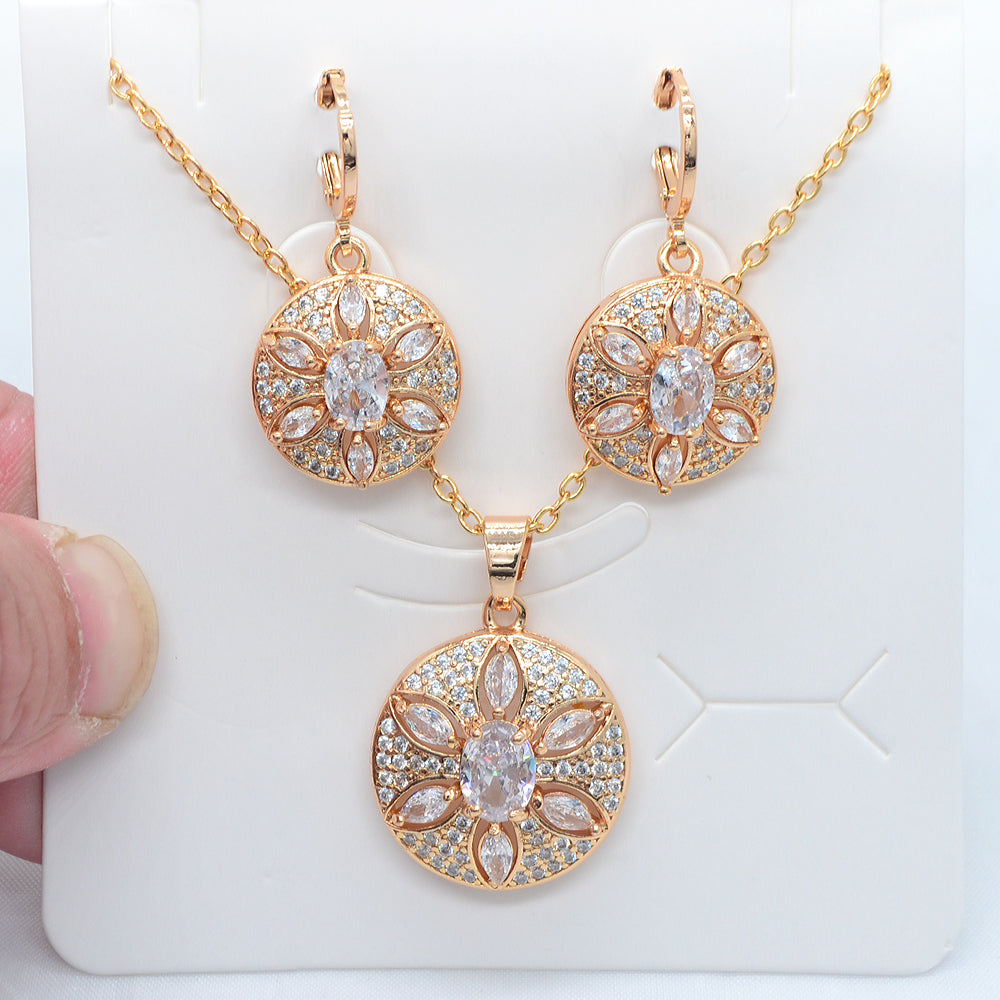Wholesale Gold Plated Women Fashion Clear Zircon CZ Round Flower Jewelry Set