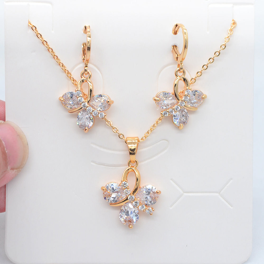 Wholesale Gold Plated Women Trendy Multicolor Zircon CZ Flower Jewelry Set