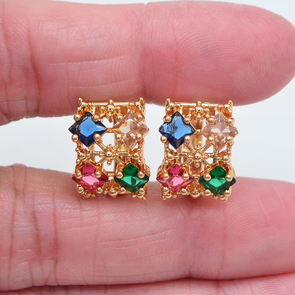 Wholesale Gold Plated Women Rainbow Zircon CZ Chunky Huggie Earrings Jewelry