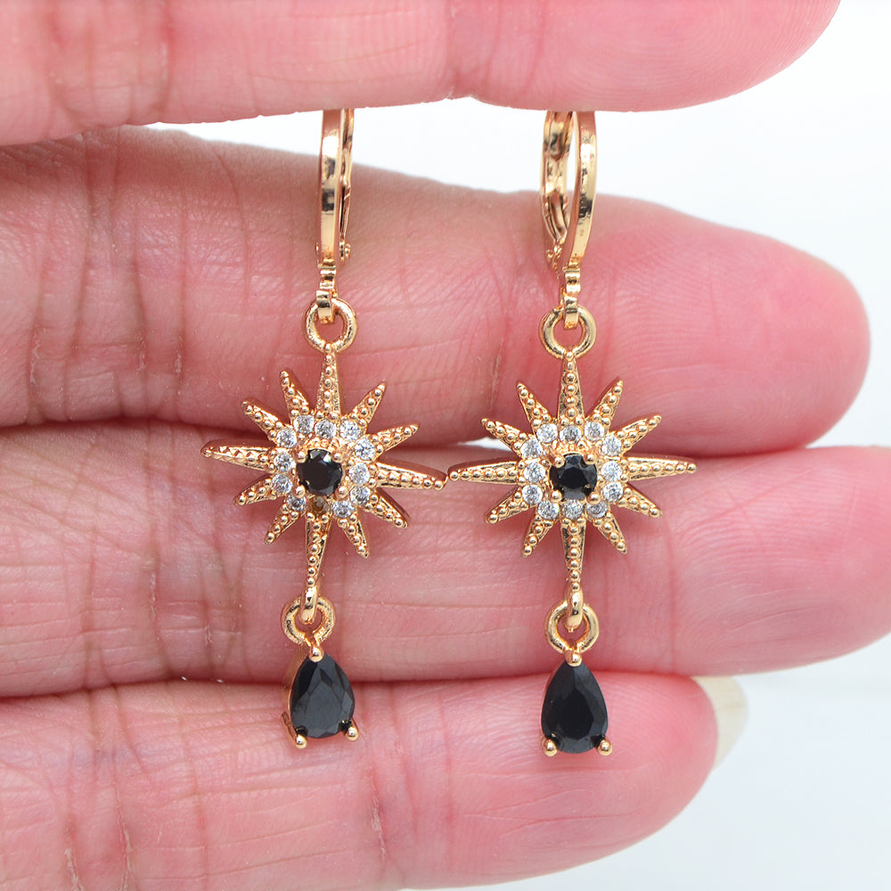 Wholesale Gold Plated Women Fashion Black Zircon CZ Star Dangle Earrings Jewelry