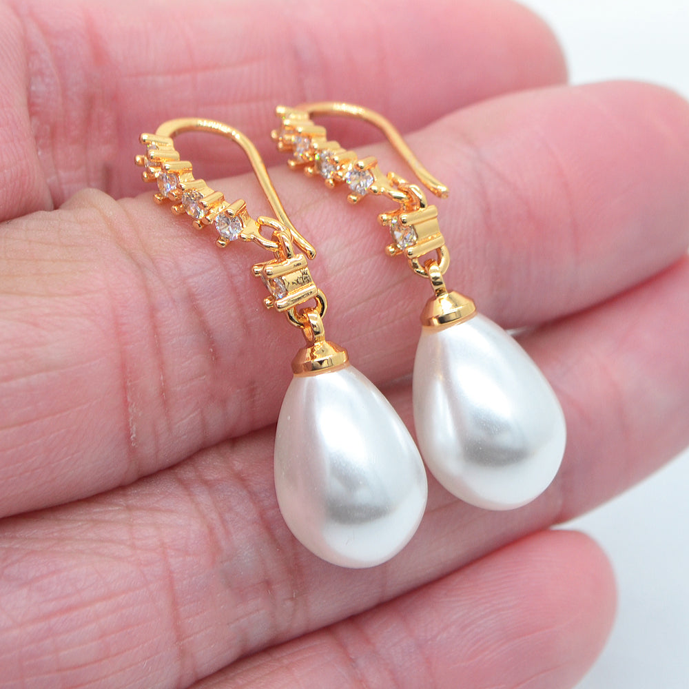 Wholesale Gold Plated Women Clear Zircon White Teardrop Pearl Dangle Earrings Jewelry