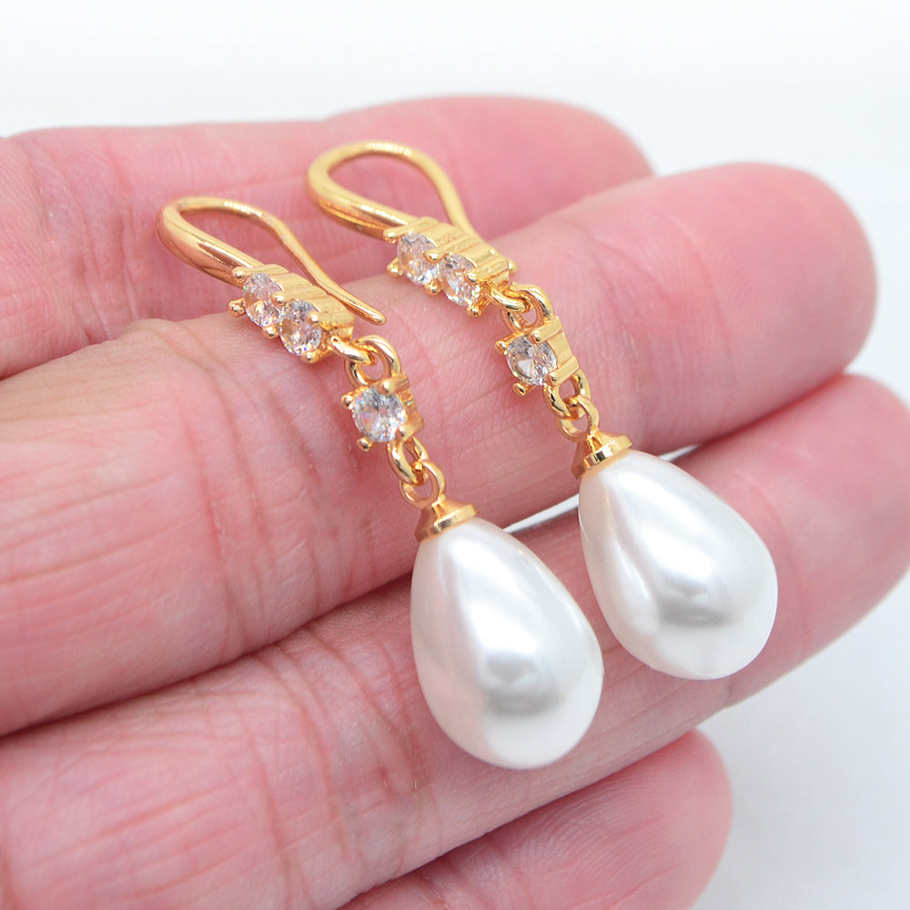 Wholesale Gold Plated Women Clear Zircon White Teardrop Pearl Dangle Earrings Jewelry