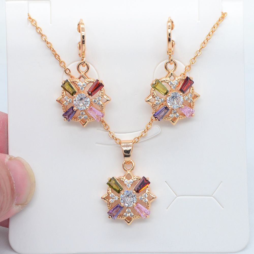 Wholesale Gold Plated Women Fashion Rainbow Zircon CZ Flower Jewelry Set