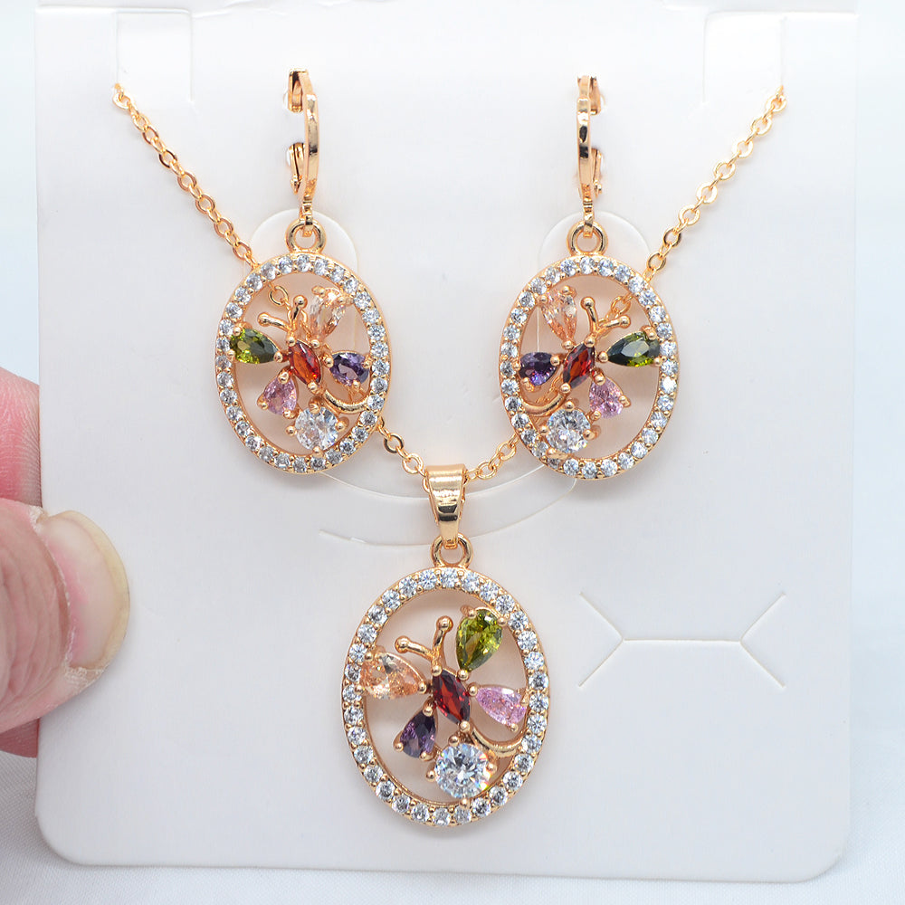 Wholesale Gold Plated Women Red Zircon CZ Oval Flower Wedding Jewelry Set