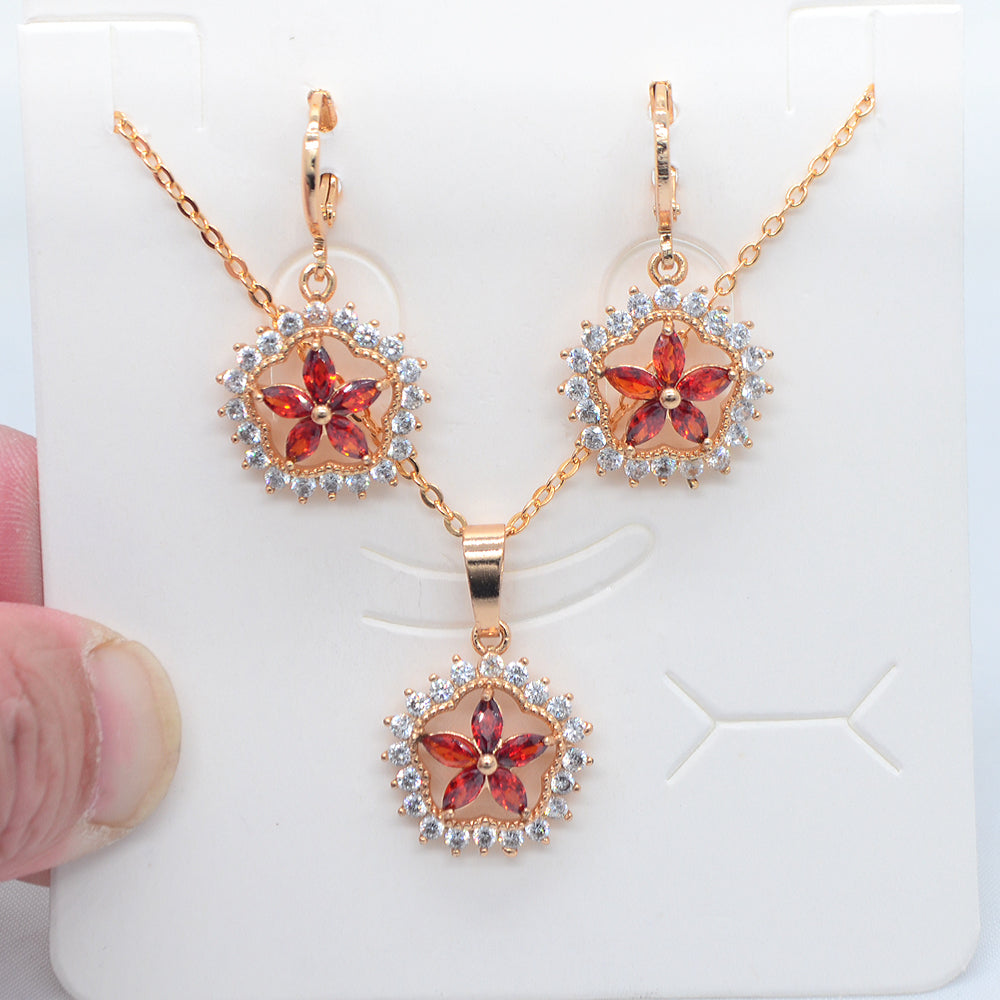 Wholesale Gold Plated Women Trendy Multicolor Zircon CZ Flower Wedding Jewelry Set