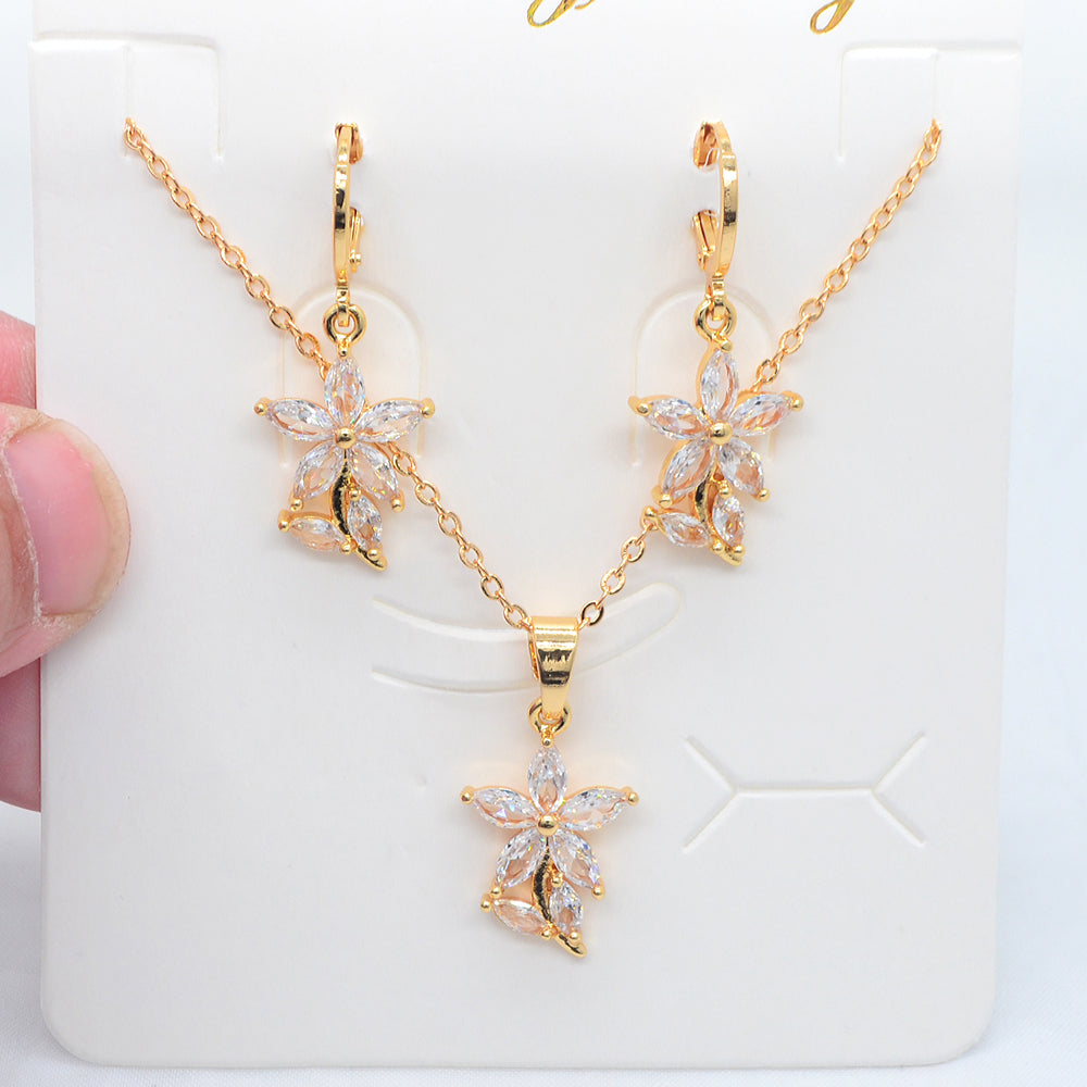Wholesale Gold Plated Women Fashion Multicolor Zircon CZ Flower Wedding Jewelry Set