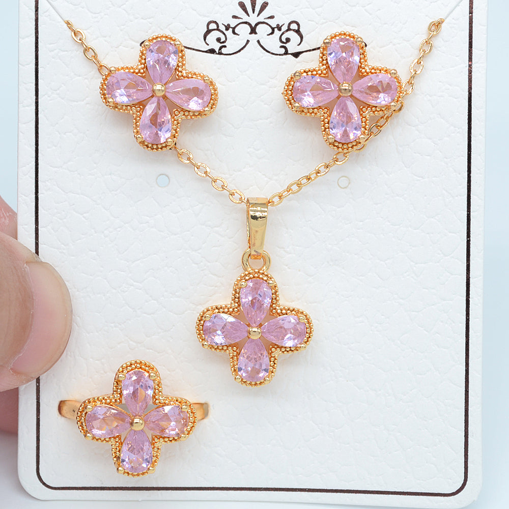 Wholesale Gold Plated Women Blue Zircon CZ Flower Jewelry Set Free Ring Size