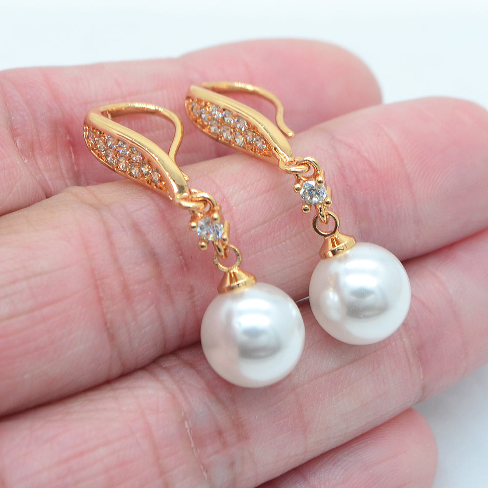 Wholesale Gold Plated Women Clear Zircon White Round Pearl Dangle Earrings Jewelry