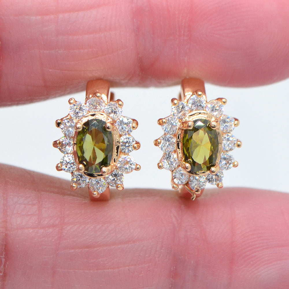 Wholesale Gold Plated Women Green Zircon CZ Halo Oval Flower Huggie Earrings Jewelry