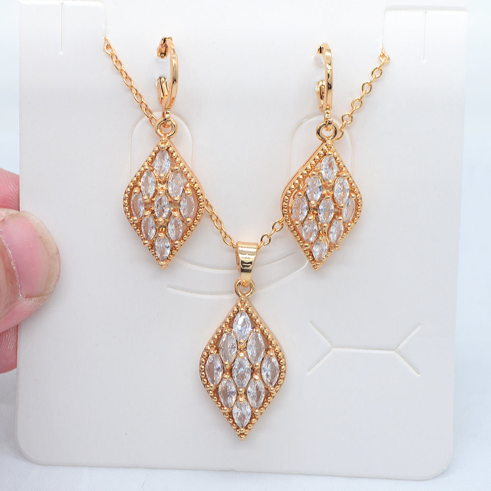 Wholesale Gold Plated Women Multicolor Zircon CZ Lozenge Design Jewelry Set