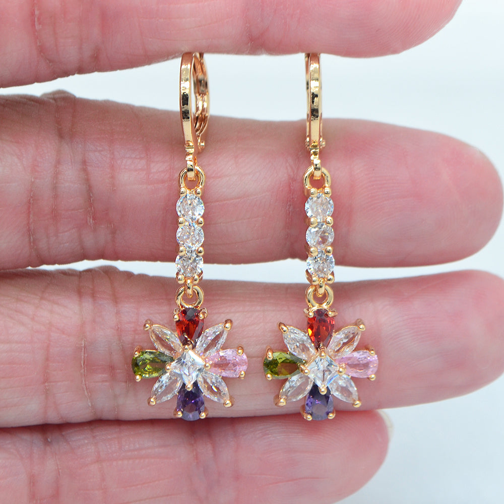 Wholesale Gold Plated Women Multicolor Zircon CZ Flower Drop Dangle Earring Jewelry