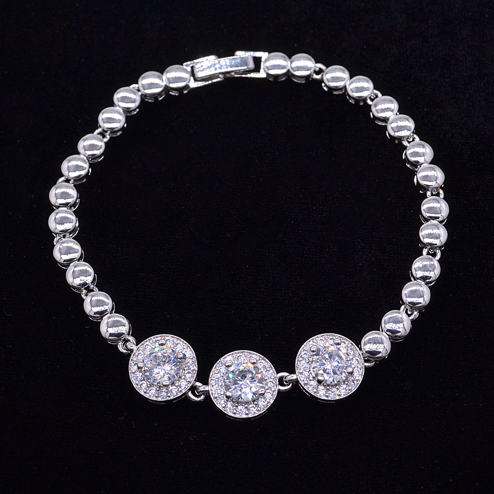 Wholesale White Gold Plated Women Clear Zircon CZ Halo Round Charm Bracelet Jewelry