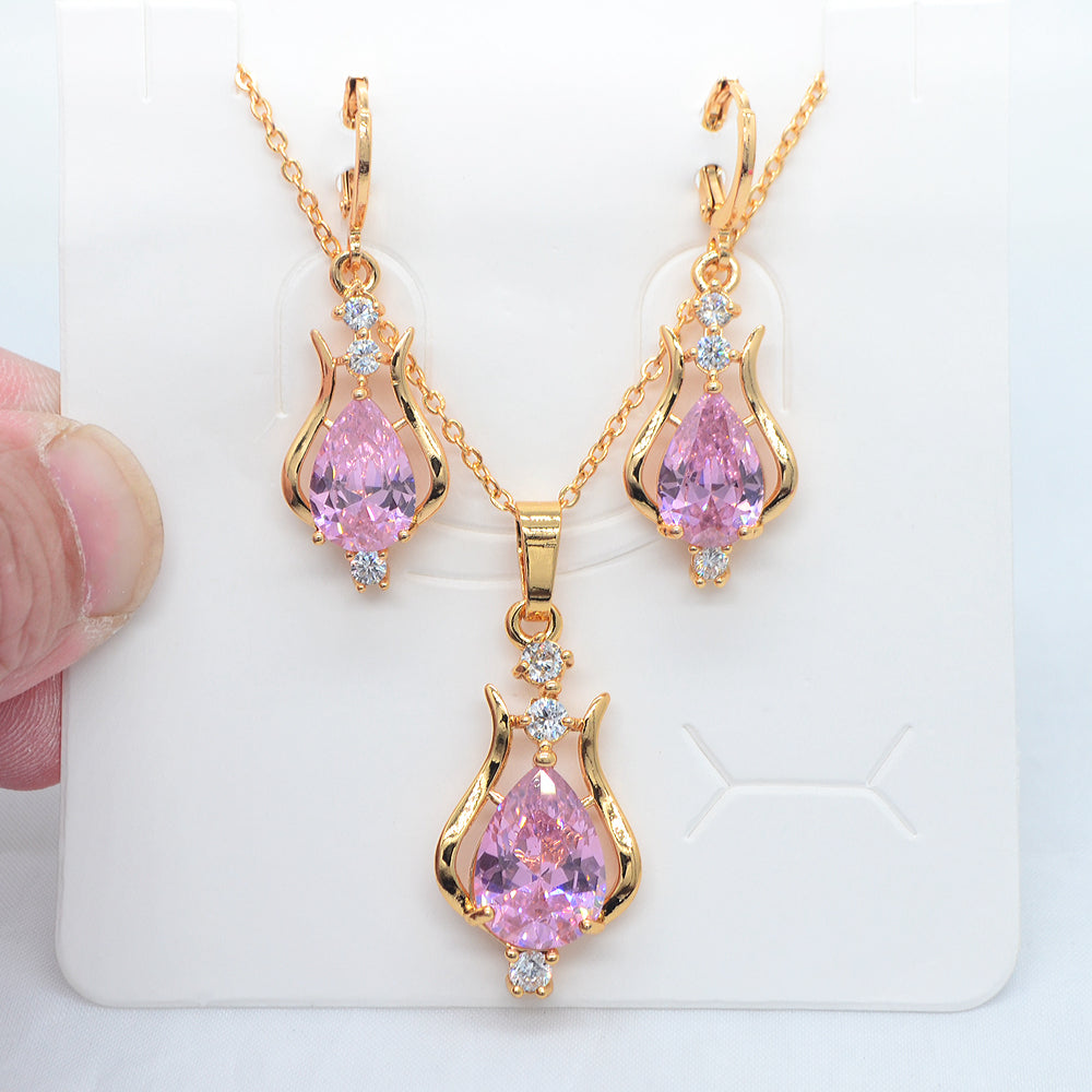 Wholesale Gold Plated Women Fashion Red Zircon CZ Water Drop Wedding Jewelry Set