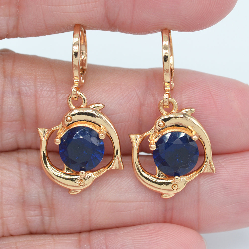 Wholesale Gold Plated Women Blue Zircon CZ Dolphins Dangle Earrings Jewelry