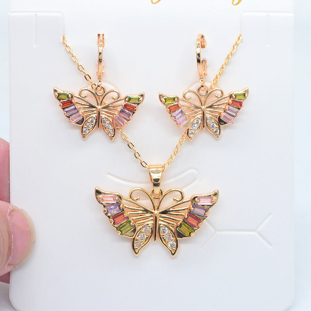 Wholesale Gold Plated Women Multicolor Zircon CZ Butterfly Jewelry Set