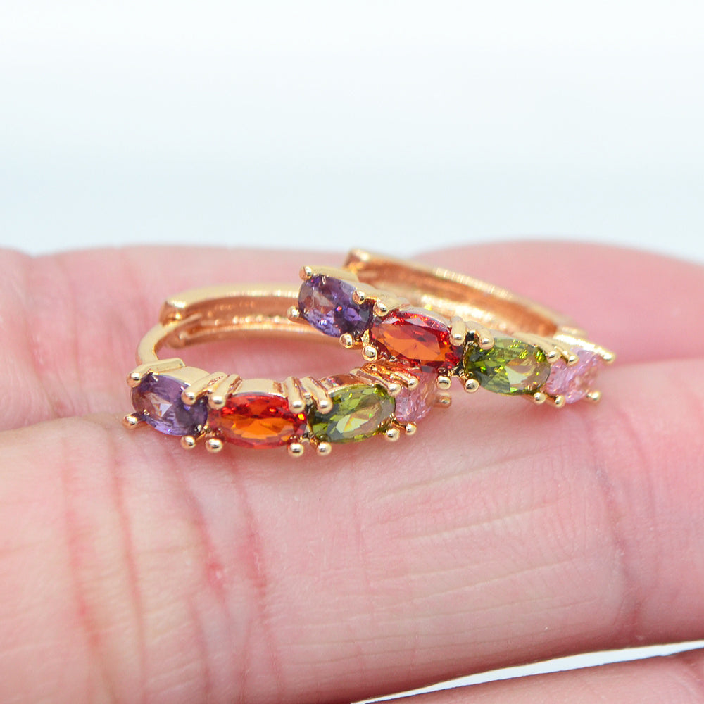 Wholesale Gold Plated Women Fashion Multicolor Oval CZ Hoop Huggie Earrings Jewelry