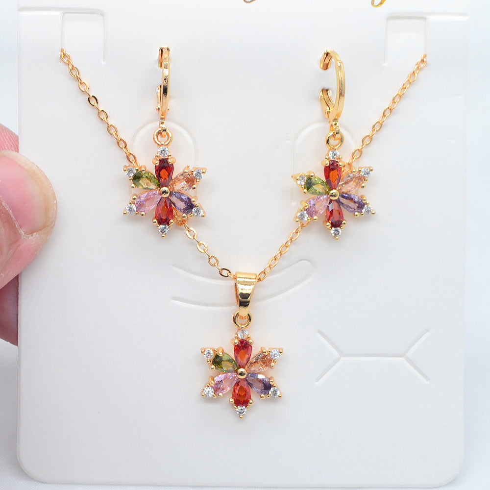 Wholesale Gold Plated Women Fashion Multicolor Zircon CZ Flower Jewelry Set