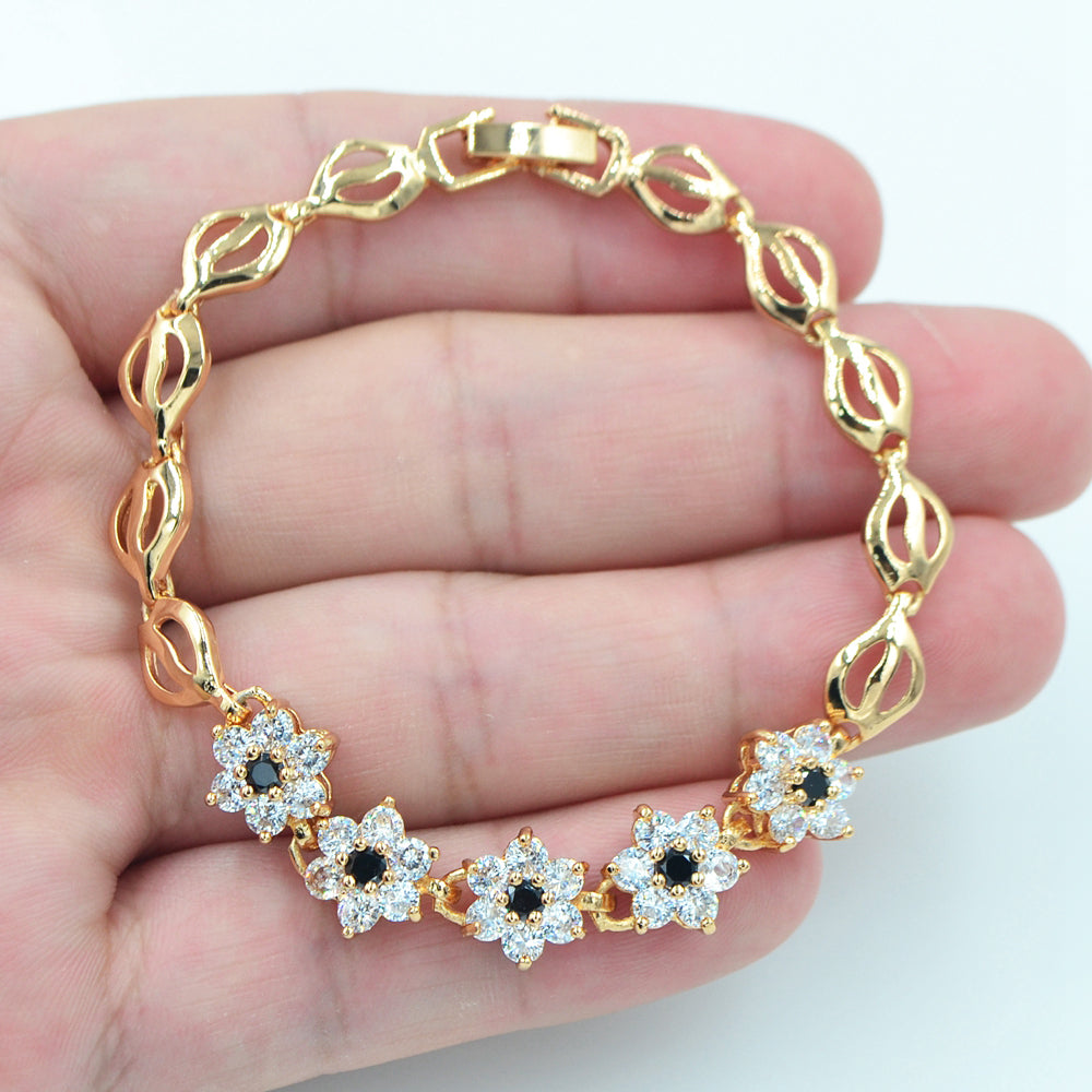 Wholesale Gold Plated Women Black Zircon CZ Cute Flowers Charm Bracelet Jewelry