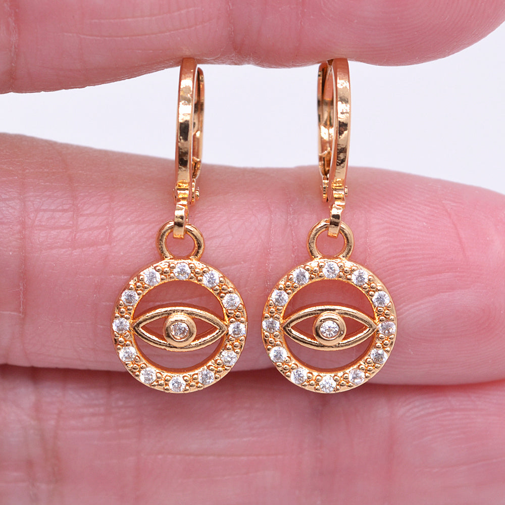 Wholesale Gold Plated Women Clear Zircon CZ Evil Eye Round Dangle Earrings Jewelry