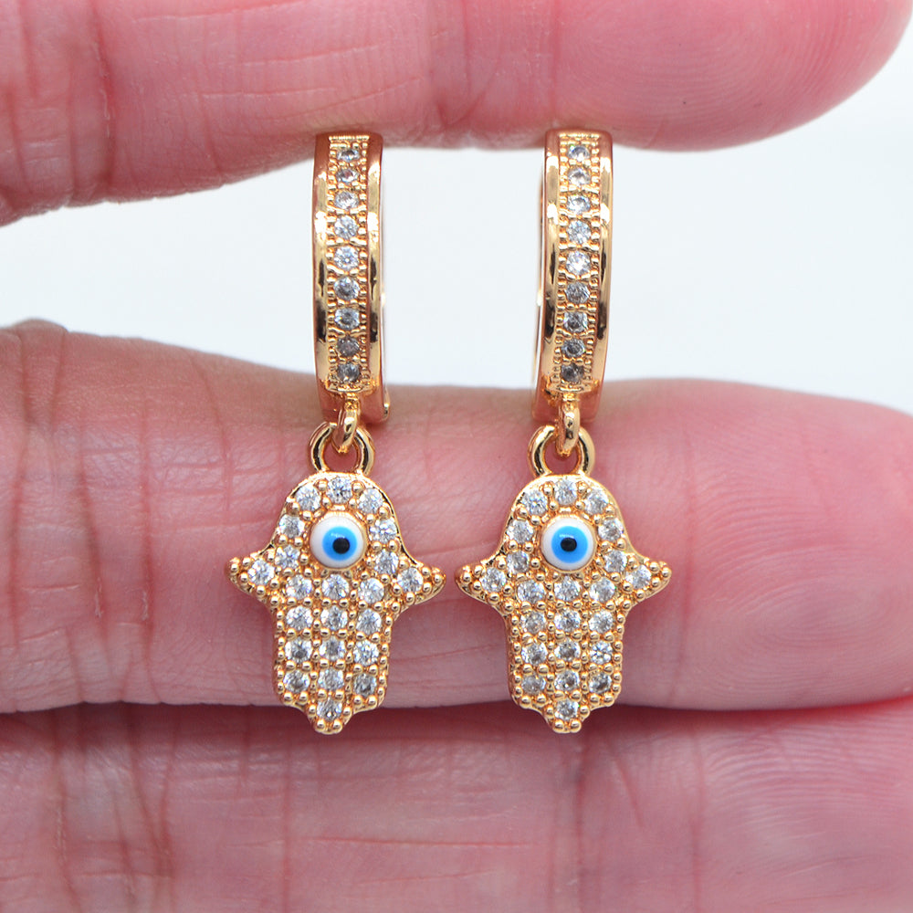Wholesale Gold Plated Women Clear Zircon CZ Hamsa Hand Dangle Huggie Earrings Jewelry