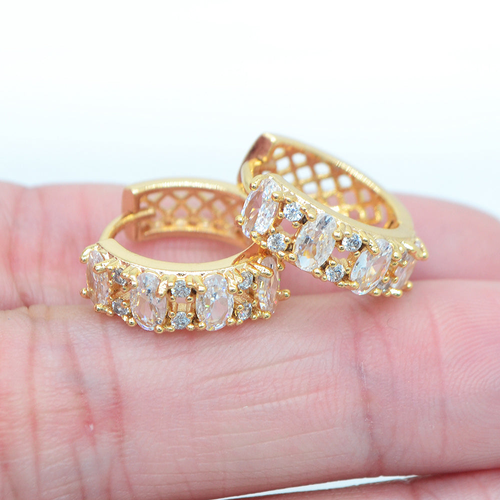 Wholesale Gold Plated Women Multicolor Oval Zircon CZ Huggie Earrings Jewelry