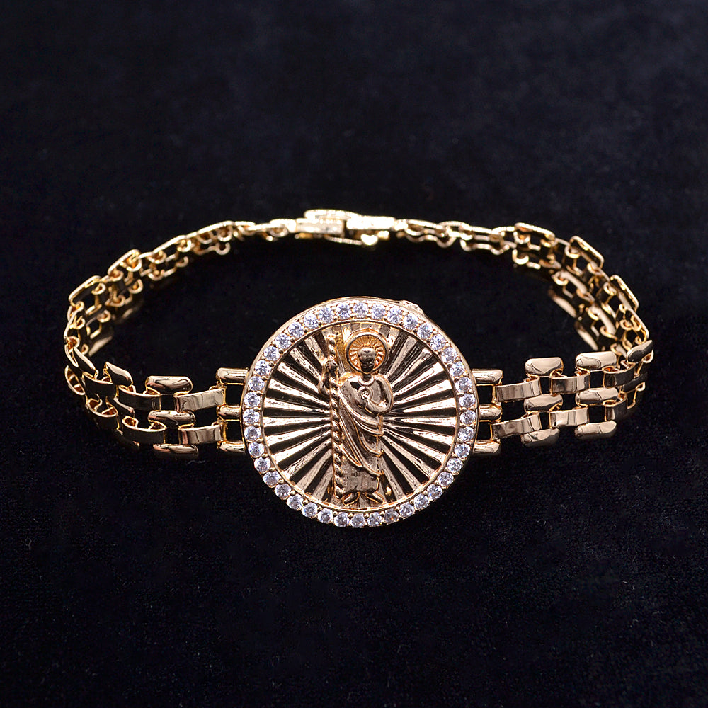 Wholesale Gold Plated Women Clear Zircon CZ Catholic Saint Jude San Judas Round Charm Bracelet Jewelry