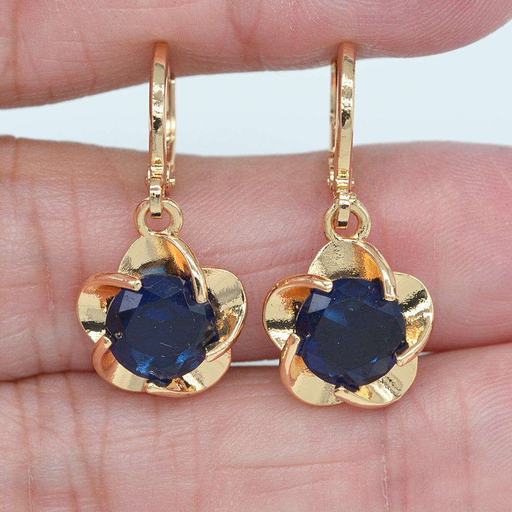 Wholesale Gold Plated Women Blue Zircon CZ Graceful Flower Dangle Earrings Jewelry