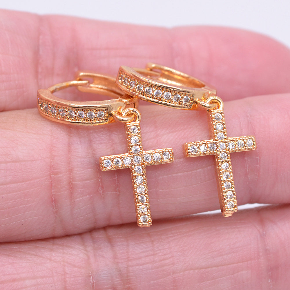 Wholesale Gold Plated Women Clear Zircon CZ Cross Dangle Huggie Earrings Jewelry