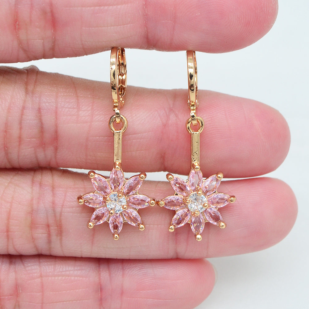 Wholesale Gold Plated Women Fashion Pink Zircon CZ Flower Dangle Earrings Jewelry