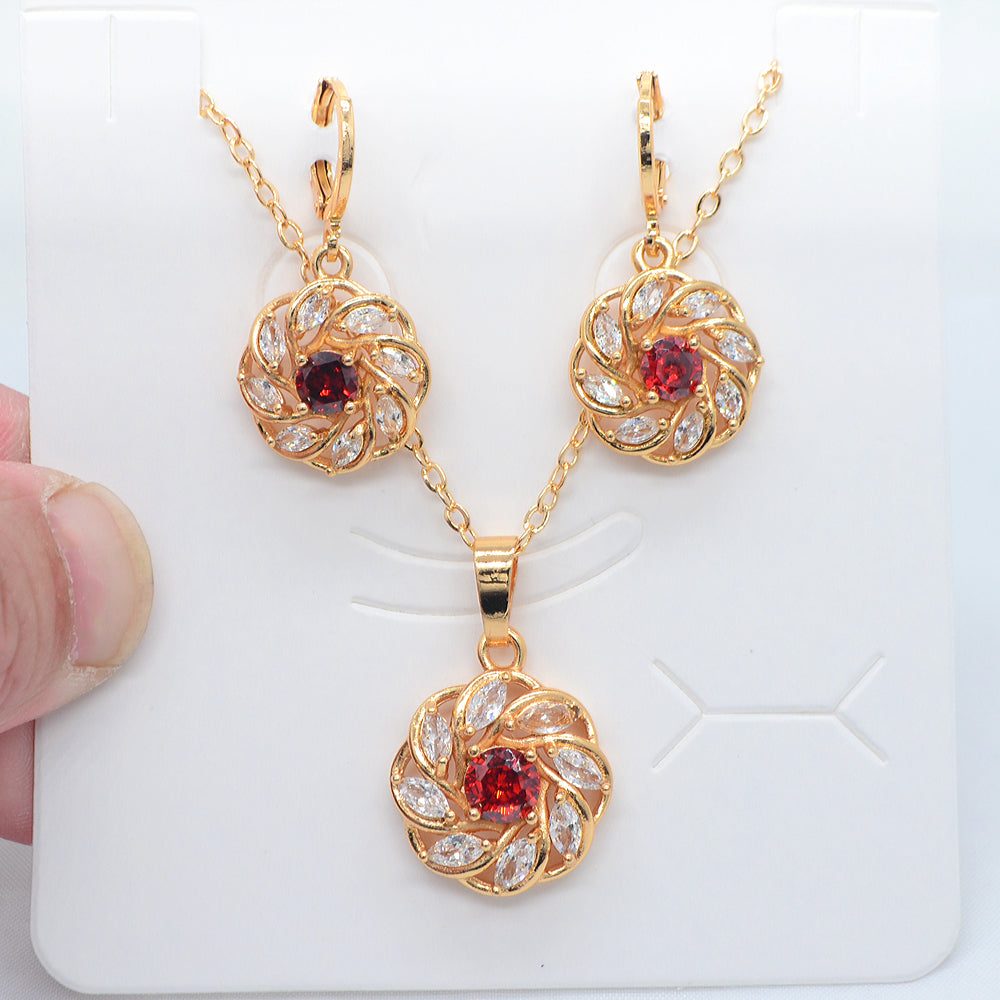 Wholesale Gold Plated Women Fashion Purple Zircon CZ Pinwheel Round Flower Jewelry Set