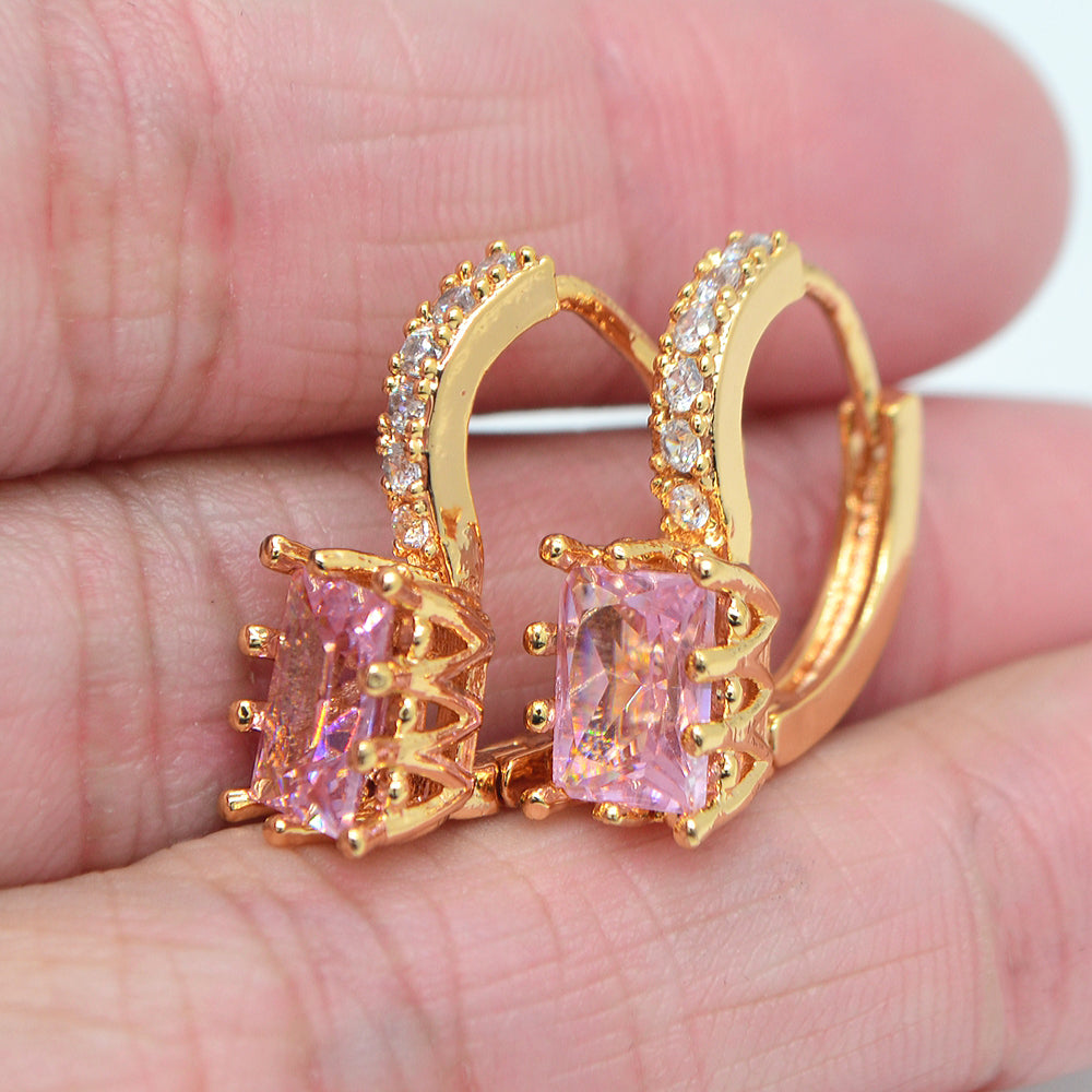Wholesale Gold Plated Women Pink Zircon CZ Hoop Huggie Earrings Jewelry