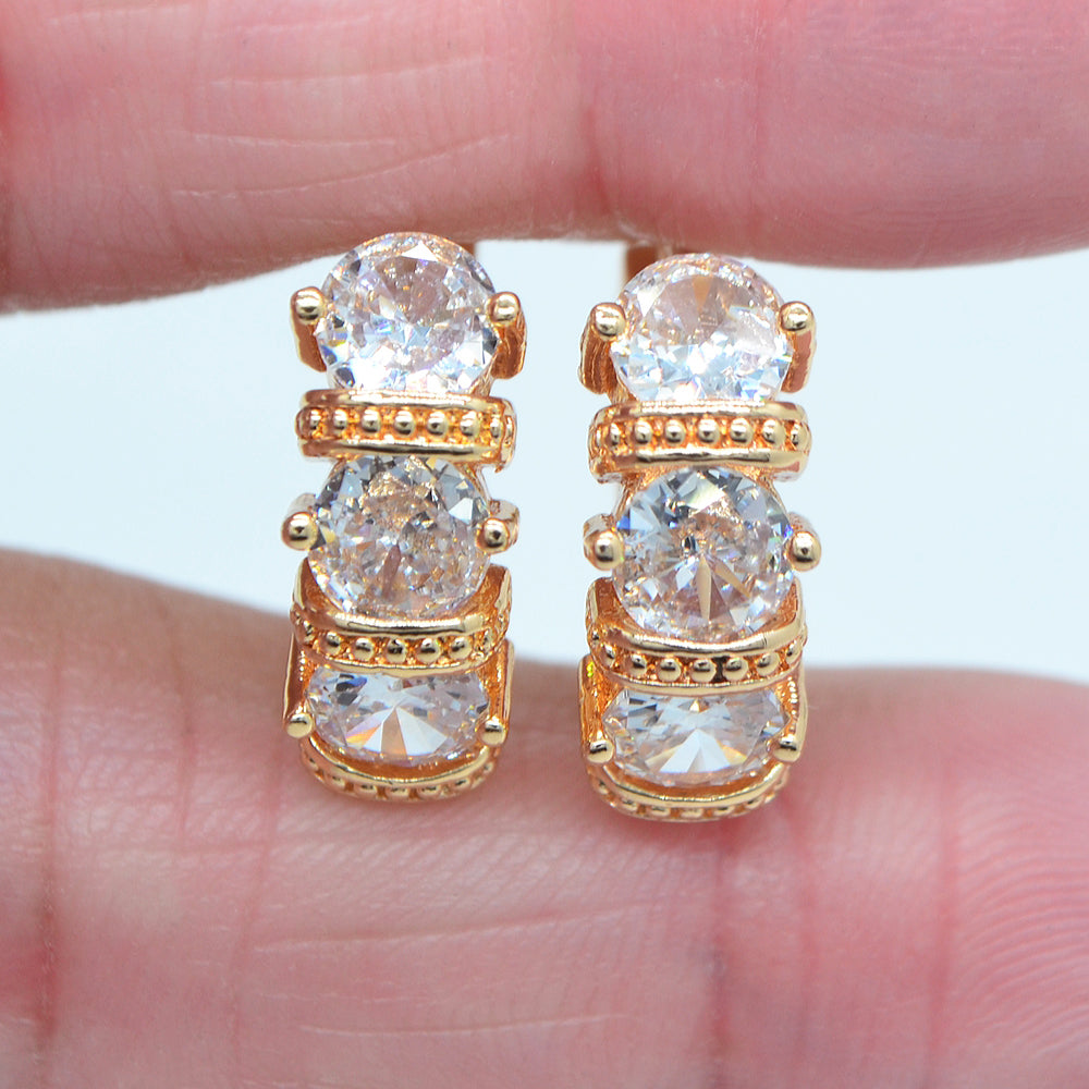 Wholesale Gold Plated Women Rainbow Triple Round Zircon CZ Hoop Huggie Earrings Jewelry