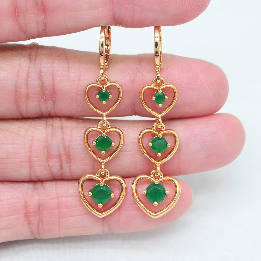 Wholesale Gold Plated Women Green Zircon CZ Love Hearts Dangle Earrings Jewelry