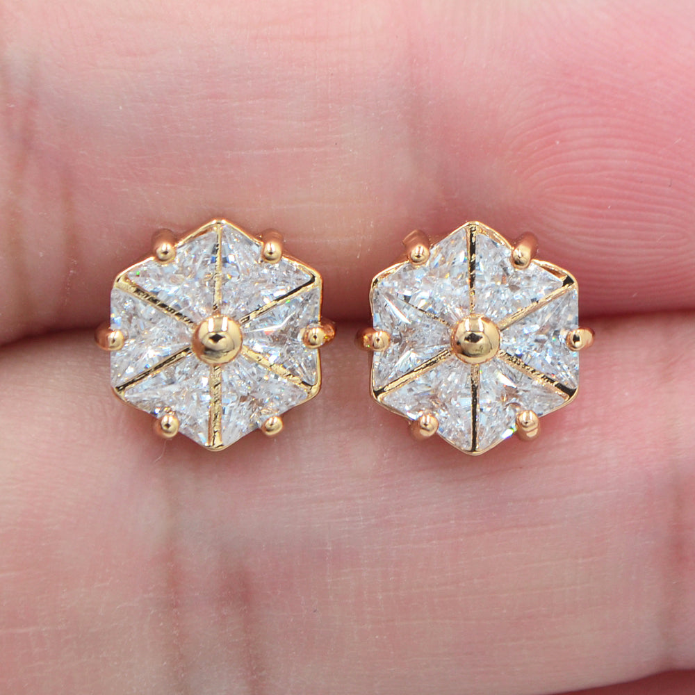 Wholesale Gold Plated Women Clear Zircon CZ Geometric Hexagon Stud Earrings Jewelry