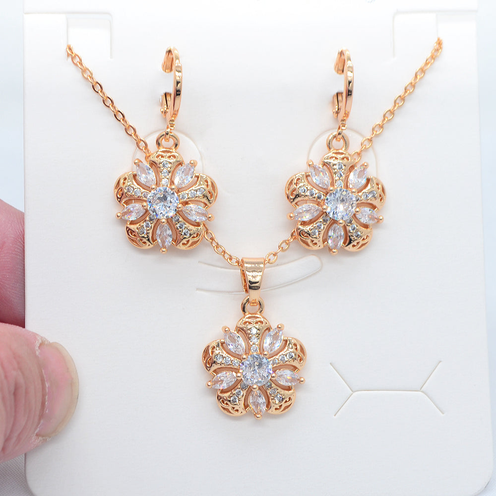 Wholesale Gold Plated Women Fashion Multicolor Zircon CZ Flower Jewelry Set Gift