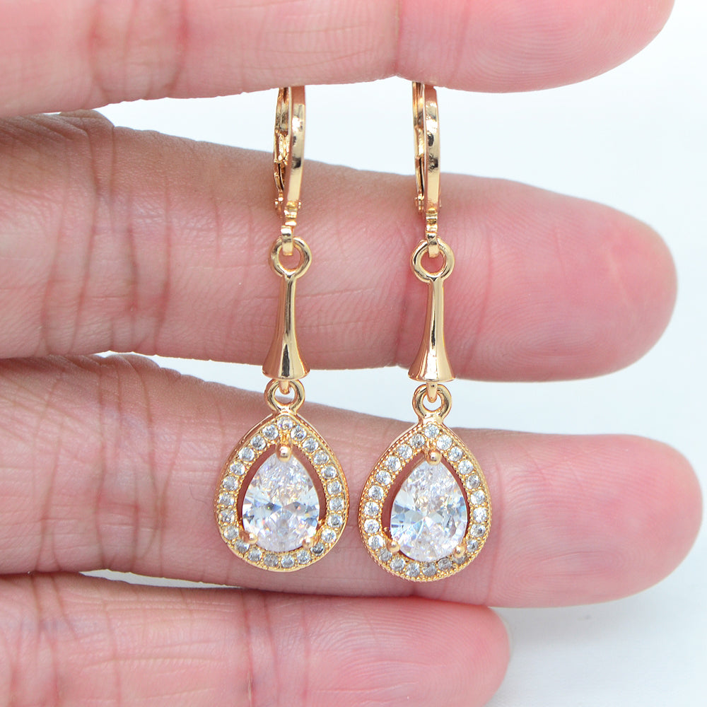 Wholesale Gold Plated Women Green Zircon CZ Teardrop Dangle Earring Jewelry