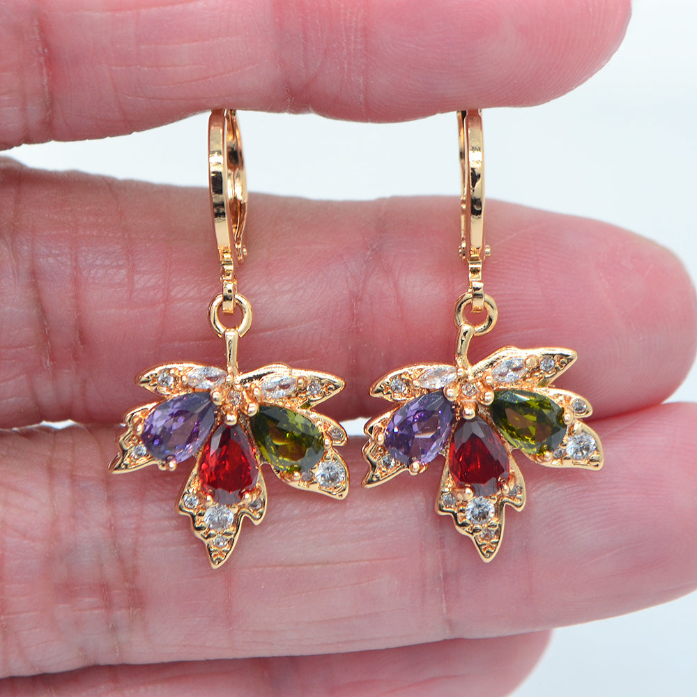 Wholesale Gold Plated Women Multicolor Zircon CZ Maple Leaves Dangle Earring Jewelry