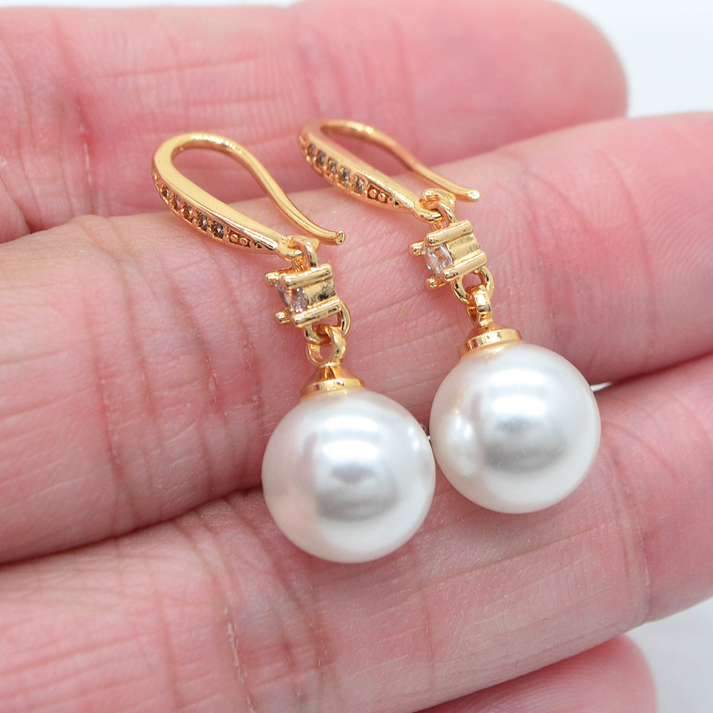 Wholesale Gold Plated Women Clear Zircon White Round Pearl Dangle Earrings Jewelry