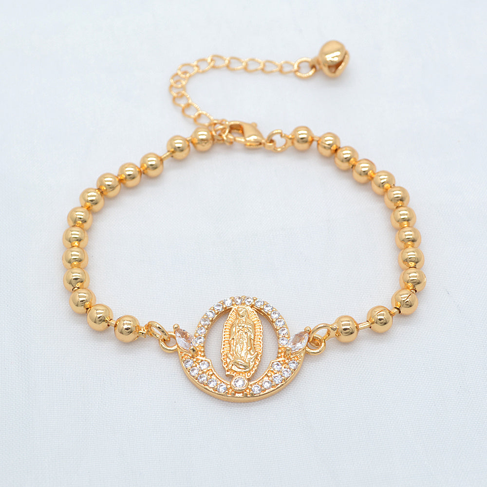 Wholesale Gold Plated Women Clear Zircon CZ Catholic Virgin Mary Charm Bracelet Jewelry